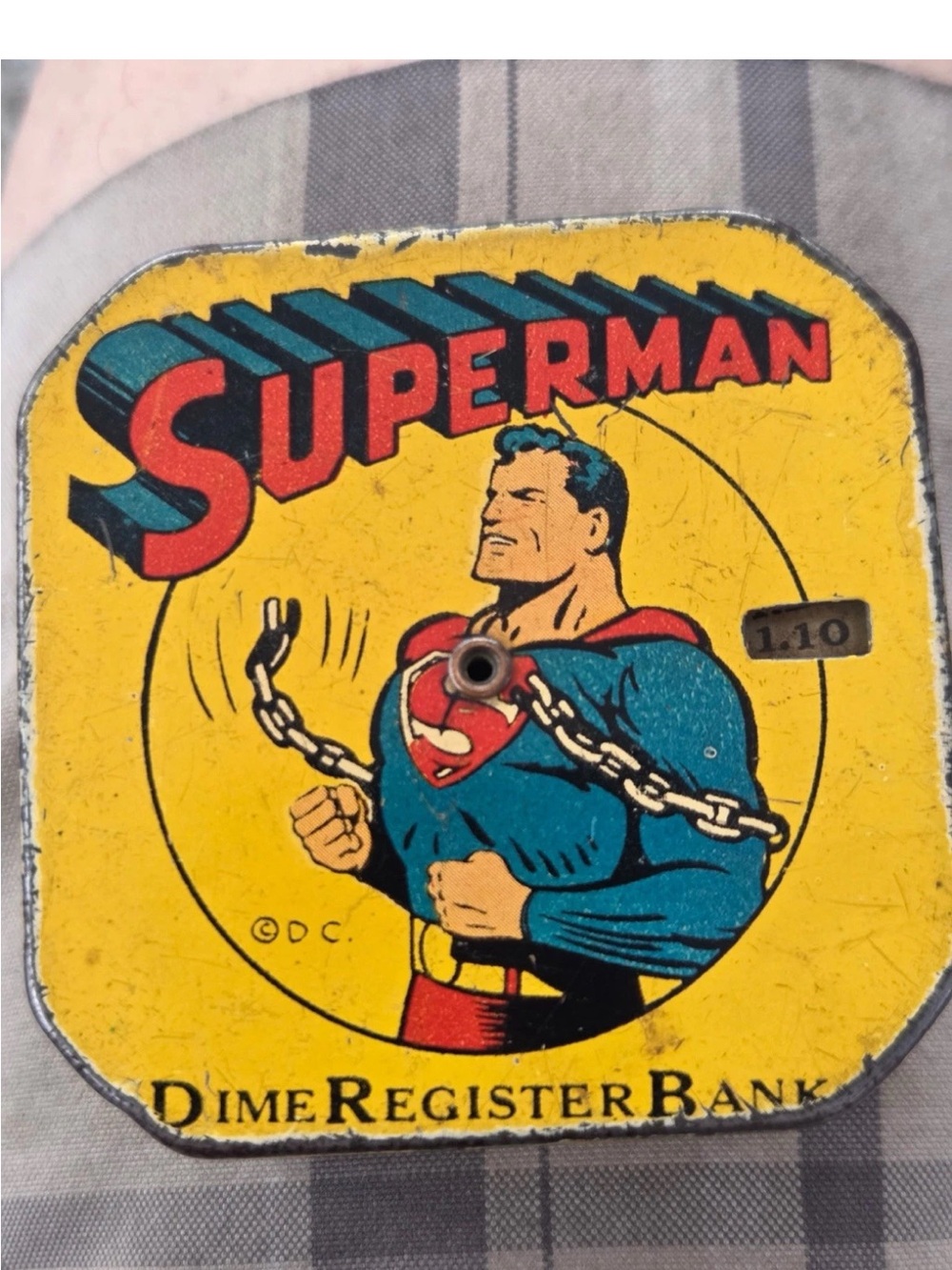 Vintage DC Comics Superman Topper - Dime Bank Yellow, Red, Blue